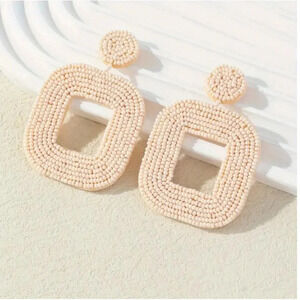 Peach beaded boho statement earrings - stud drop style - NEW